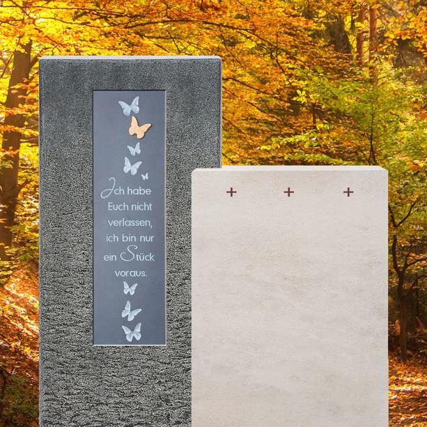 Doppelgrabstein mit Bronze Gedenkplatte & Schmetterlingen - Casato Duo
