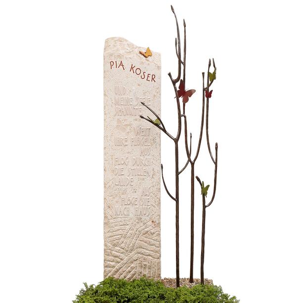 Kalkstein Doppelgrabmal Bronze Baum mit Schmetterlingen - Bondeville Flora