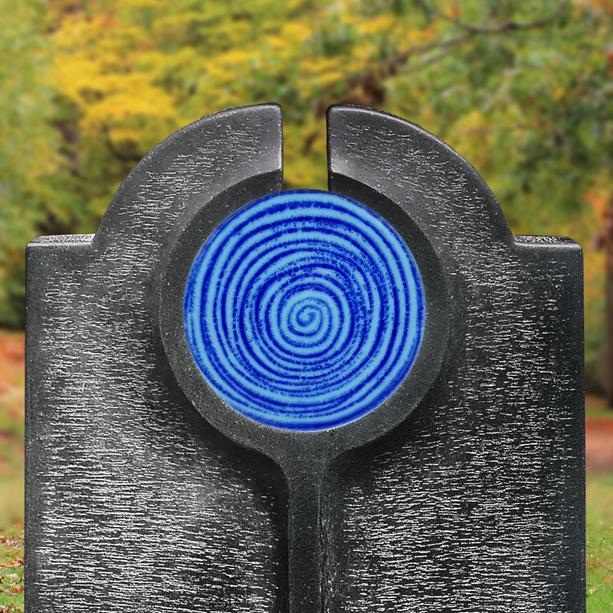 Moderner Doppelgrabstein mit blauem Glas Symbol Spirale - Novara Aqua