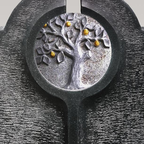 Moderner Doppelgrabstein mit Granit Lebensbaum Relief rund - Novara Albero