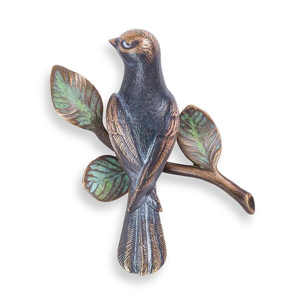 Wandfigur Vogel sitzt auf Zweig aus Bronzeguss - Vogel auf Ast links