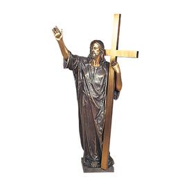 Große Jesusfigur mit Kreuz aus Bronze - Christus mit Kreuz