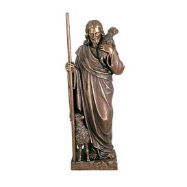 Jesus Bronzefigur mit Schafen und Hirtenstab - Guter Hirte