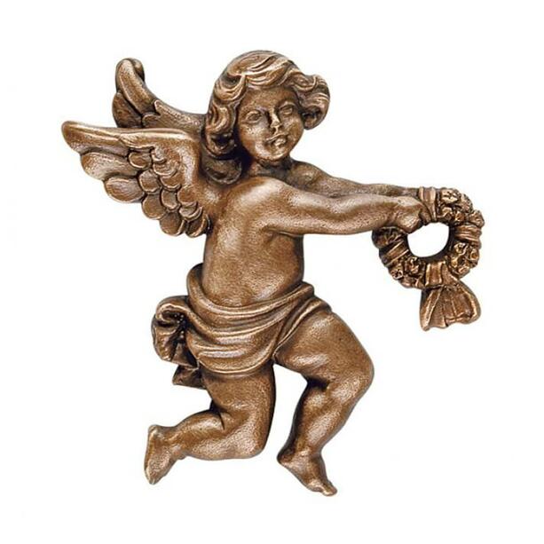 Kleine Wandfigur Engel mit Kranz - Angelo Gara rechts / Bronze braun
