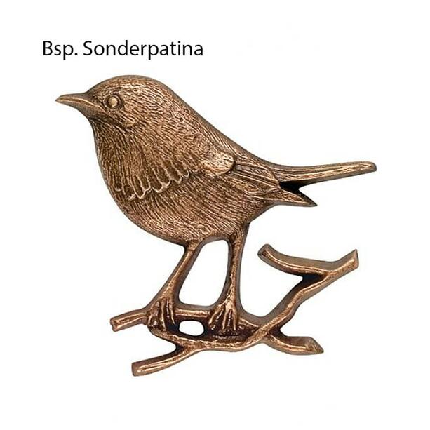 Wandfigur Vogel sitzt auf Zweig aus Bronzeguss - Vogel auf Ast links / Bronze braun