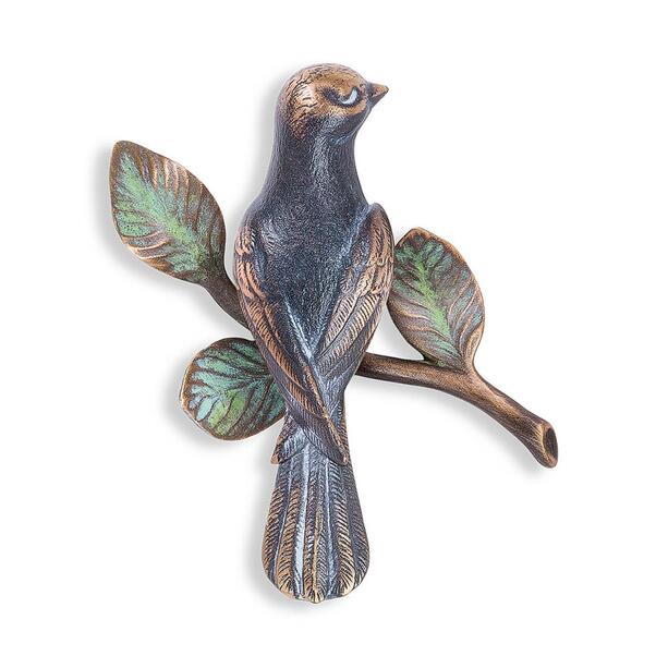 Bronze-Vogelfigur sitzt auf Zweig für Grabmale - Vogel auf Ast rechts / Bronze braun