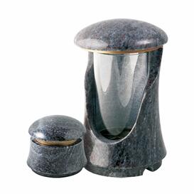 Grabschmuck Set aus r�tlich marmoriertem Naturstein - Kamien / Grablaterne und Weihwasserkessel