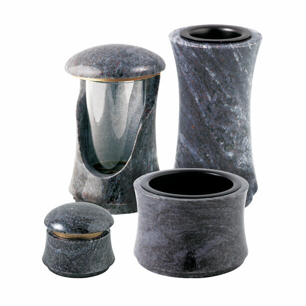 Grabschmuck Set aus rtlich marmoriertem Naturstein - Kamien / Grablaterne, Grabvase, Weihwasserkessel Und Grabschale