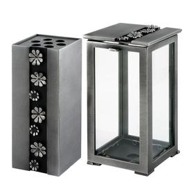 Romantisches Grabschmuck Set aus Metall im floralen Design - Floro / Grablaterne und Grabvase / Aluminium