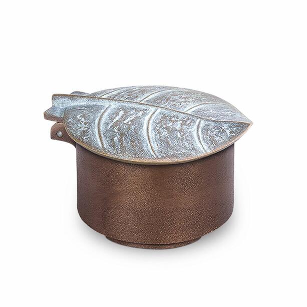 Runder Metall Weihwasserkessel mit Blatt Motiv - Ernesta / Bronze braun