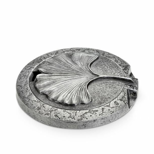 Runder Vasenring mit Blumenverteiler und Gingko Motiv auf dem Deckel - Binka / Aluminium grau