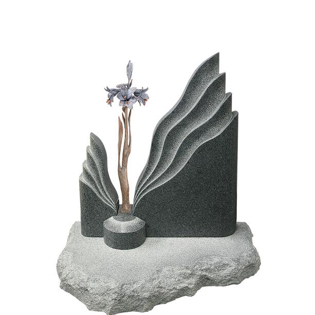 Zweiteiliger Einzelgrabstein mit floralem Bronze Ornament - Symeon