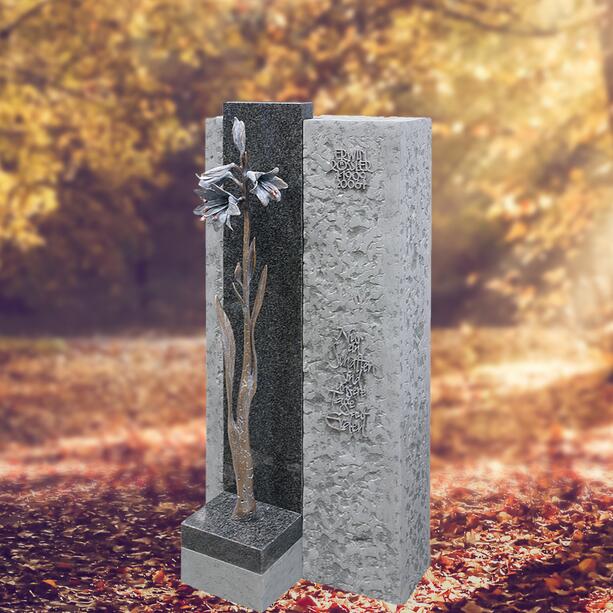 Einzelgrabmal in Kalkstein & Granit mit Bronzeornament Orchidee - Caserta Fiore