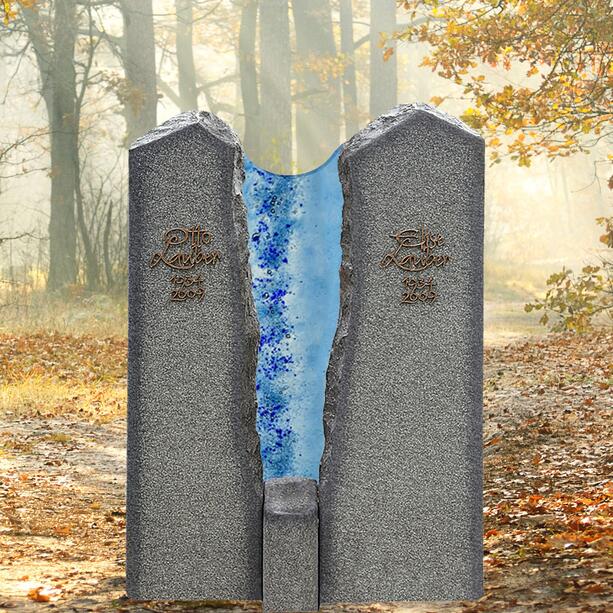 Zweiteiliges Granit Grabmal für ein Doppelgrab mit Glaselement in blau - Magnus Aqua