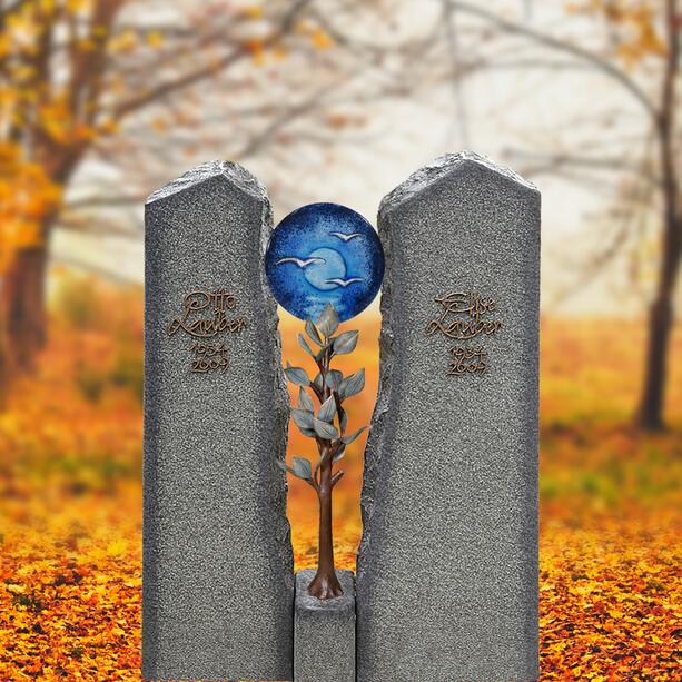 Zweiteiliges Granit Grabmal für ein Doppelgrab mit Lebensbaum & Glas - Magnus Albero
