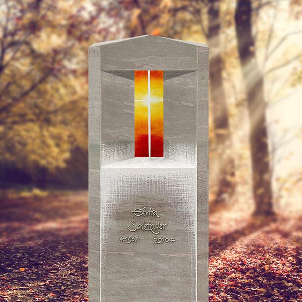 Grabstein Urnengrab aus Kalkstein mit Glas & Kreuz Symbol - Porta Lumis
