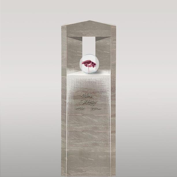 Urnengrab Grabstein aus Kalkstein mit Glas Kugel & Blume - Porta Vita