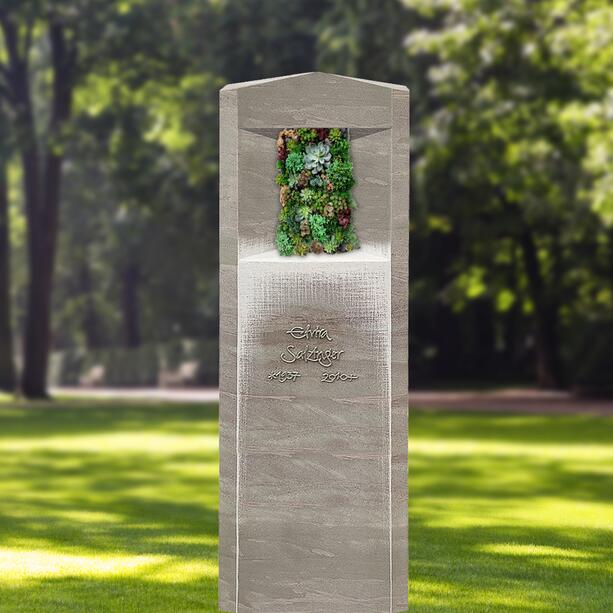 Einzelgrab Grabstein aus Kalkstein mit vertikaler Bepflanzung & Hauswurz - Porta Flora