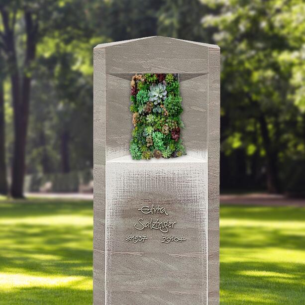 Einzelgrab Grabstein aus Kalkstein mit vertikaler Bepflanzung & Hauswurz - Porta Flora