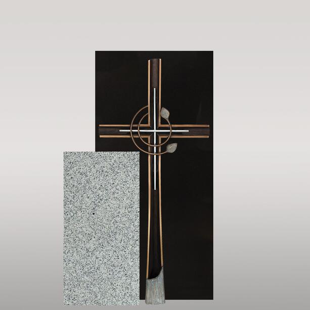 Christlicher Urnengrabstein hell & dunkel mit Bronze Kreuz - Cruzis Fontane