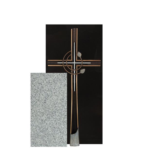 Christlicher Einzelgrabstein hell & dunkel mit Bronze Kreuz - Cruzis Fontane