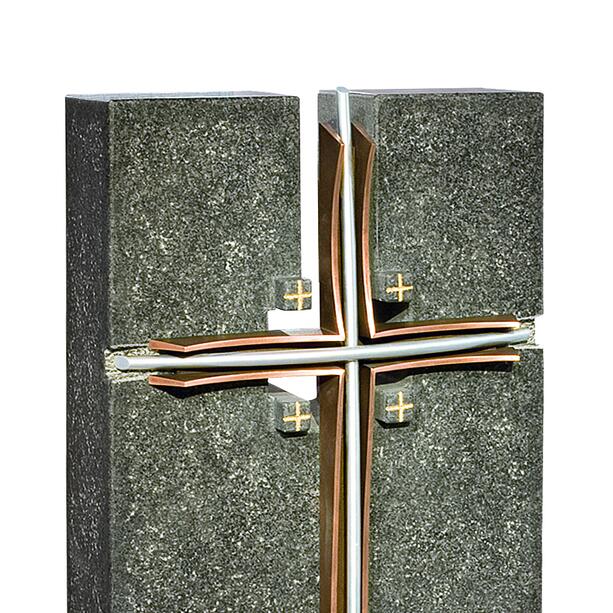 Dunkler Granit Einzelgrabstein mit Bronze Kreuz - Lazare