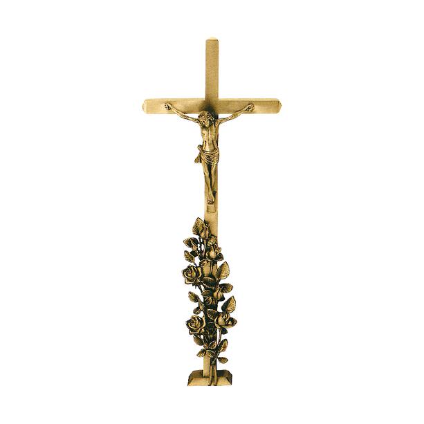 Kreuzornament mit Christusfigur und Rosenstrauch aus Bronze - Christuskreuz Rose