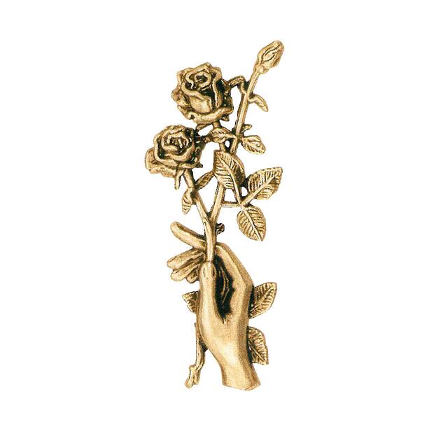 Hand hält Rosenzweig - Florales Grabrelief aus Bronze - Rosen in der Hand