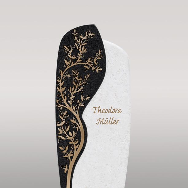 Doppelgrabstein aus Kalkstein & Granit mit floralem Messing Ornament - Cordelia Nova