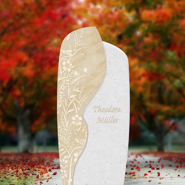 Romantischer Doppelgrabstein mit einzigartigem Blumen Motiv aus Kalkstein - Cordelia Solis