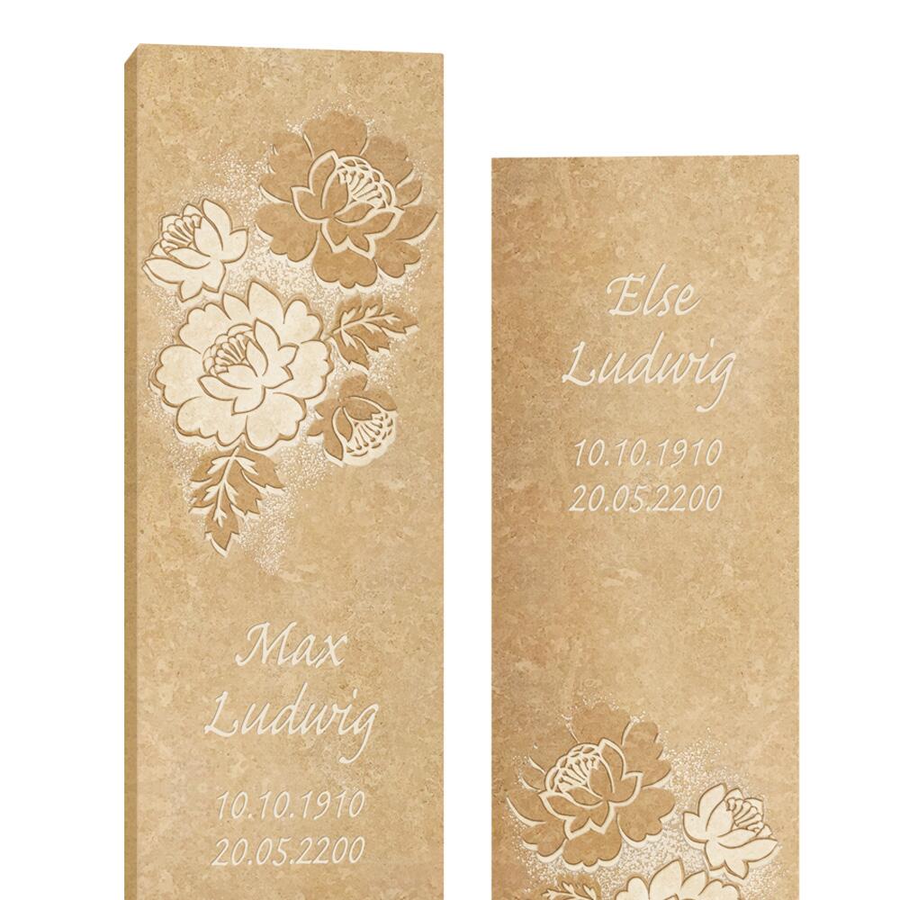 Zweiteiliger Doppel Grabstein mit Blumen Motiv aus Kalkstein - Callista Flora