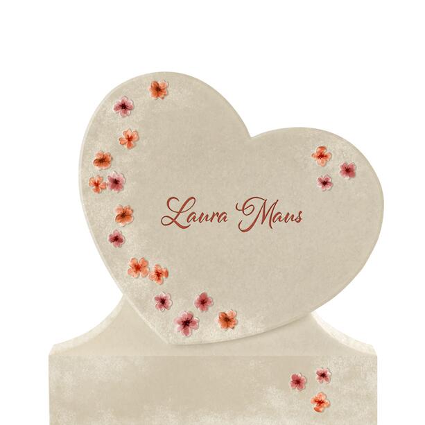 Herzförmiger Kalkstein Kindergrabstein mit roten Blumen - Cordina Celia