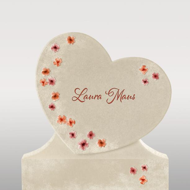 Herzförmiger Kalkstein Urnengrabstein mit roten Blumen - Cordina Celia