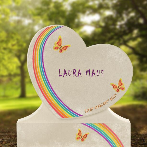 Einzelgrabmal Herz aus Kalkstein mit Regenbogen & Schmetterling - Cordina Arcus