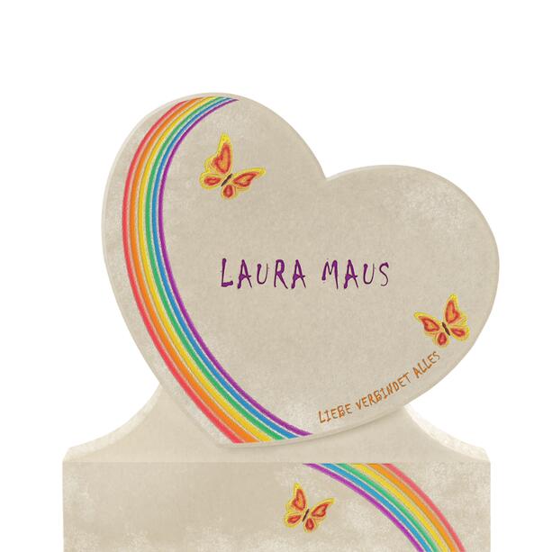 Einzelgrabmal Herz aus Kalkstein mit Regenbogen & Schmetterling - Cordina Arcus