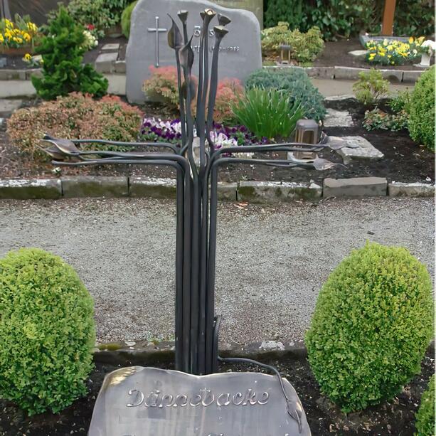 Grabkreuz aus Schmiedebronze mit Blättern, Blüten & Glaskristall - Ipanema