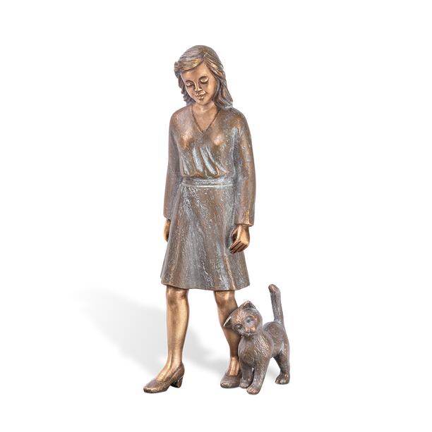 Laufende Frau mit Katze als Bronze Grab Dekoskulptur - Miola & Miro