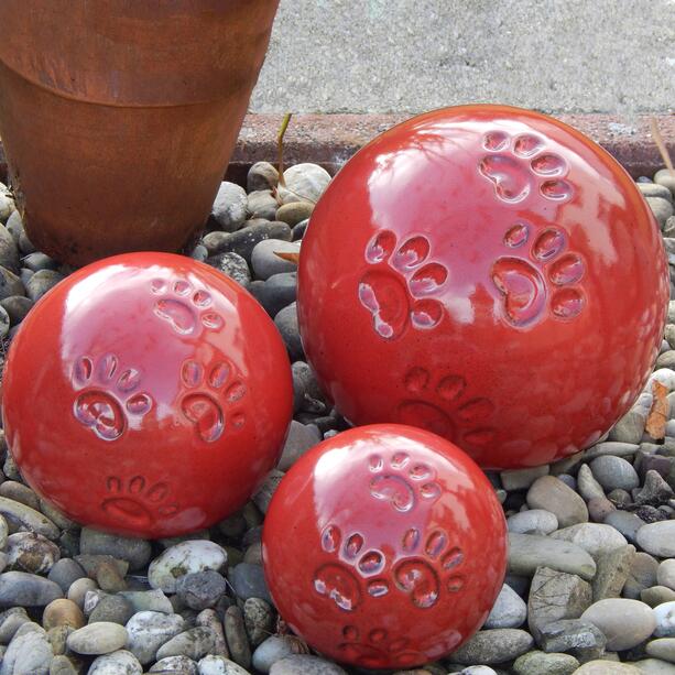 Rote kugelförmige Urne mit Pfoten-Motiv für Haustiere aus Keramik - Link
