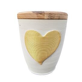 Handgefertigte Urne aus Ton mit Goldherz & Holzdeckel -...