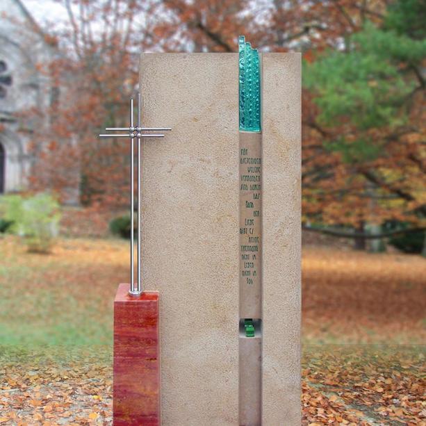 Moderner Grabstein farbig mit Glaseinsatz & Kreuz - Isere