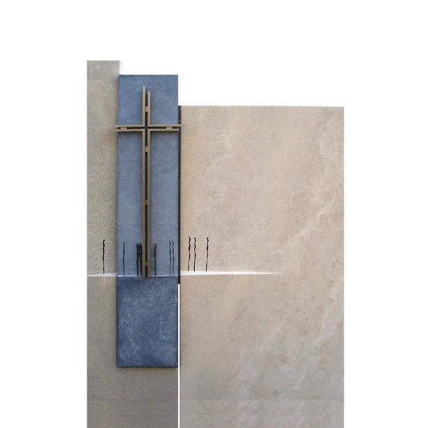 Kalkstein Doppelgrabstein mit Edelstahl Kreuz - Allori