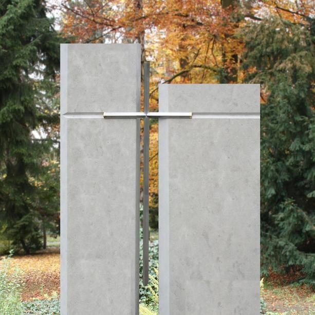 Doppelgrabmal Kalkstein hell modern Edelstahl Kreuz - Lavardin