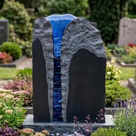Exklusiver Granit Doppelgrabstein mit blauem Glas - Aqua