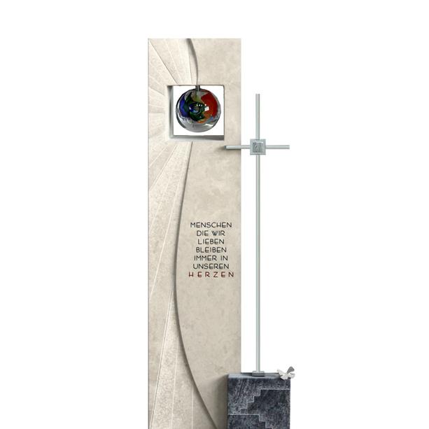 Kalkstein Urnengrabmal mit Glas und Stahl Kreuz - Aurigatis