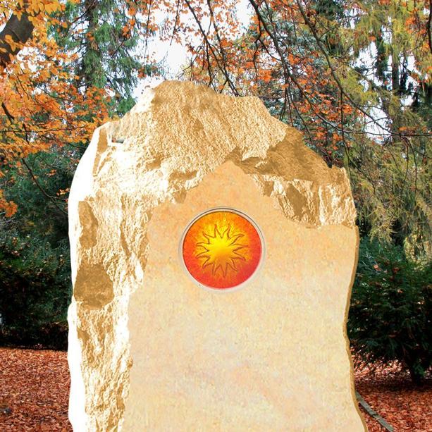 Rustikaler Grabstein mit Glaseinsatz Sonne - Polaris