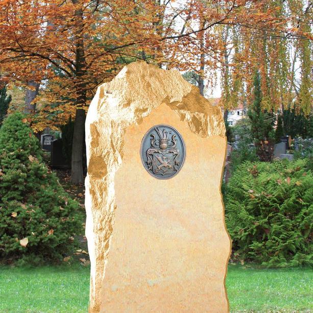 Rustikaler Urnengrab Grabstein mit Wappen - Heraldik Bronzewappen
