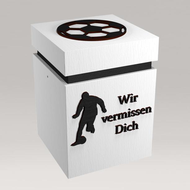Besondere Urne aus Holz für Fußballfans weiß mit Beschriftung - Fußball Goethe