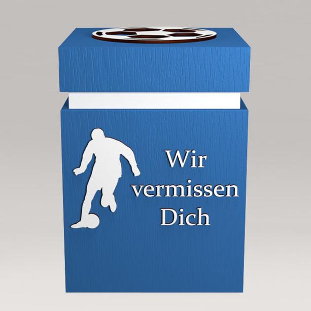 Schöne blaue Urne mit Fußball Motiv - eckig mit Inschrift - Fußball Sibelius