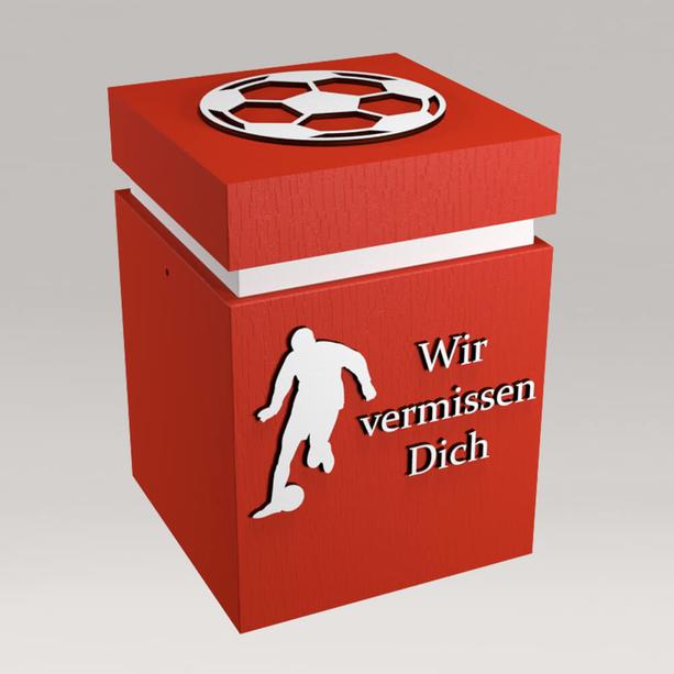 Stilvolle rote eckige Holzurne mit Aufschrift und Fußball Logo - Fußball Salieri