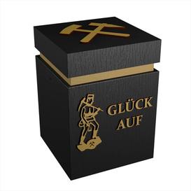 Moderne eckige Holzurne schwarz mit goldenem Schriftzug -...